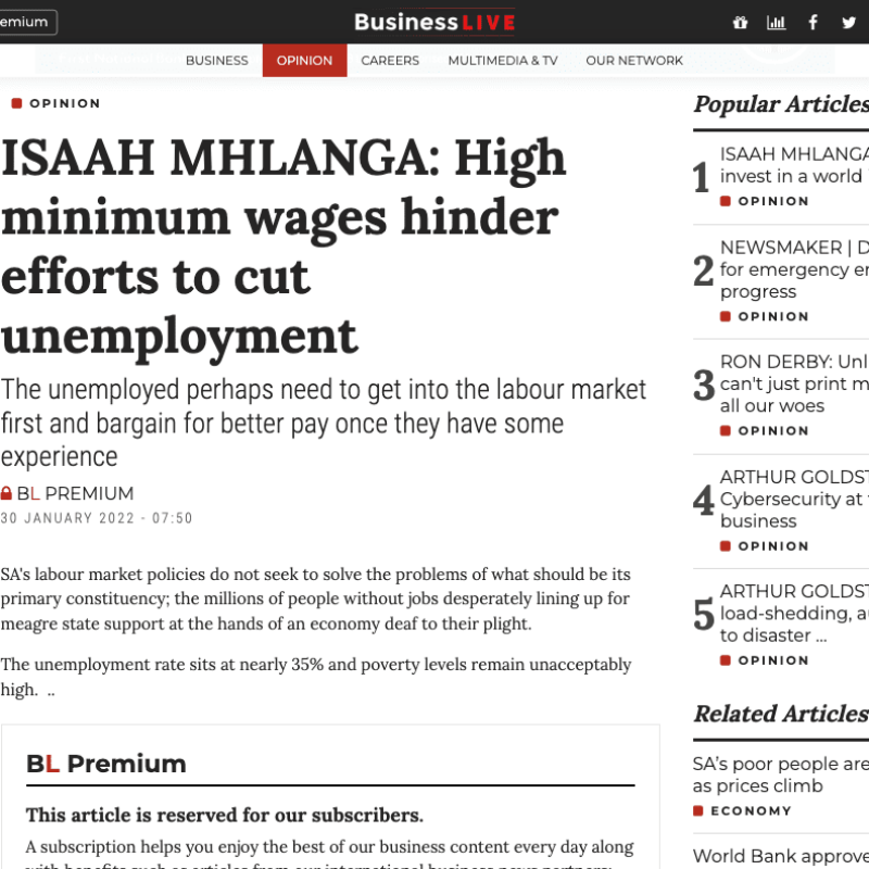 ISAAH MHLANGA_ High minimum wages hinder efforts to cut unemployment_ - www.businesslive.co.za